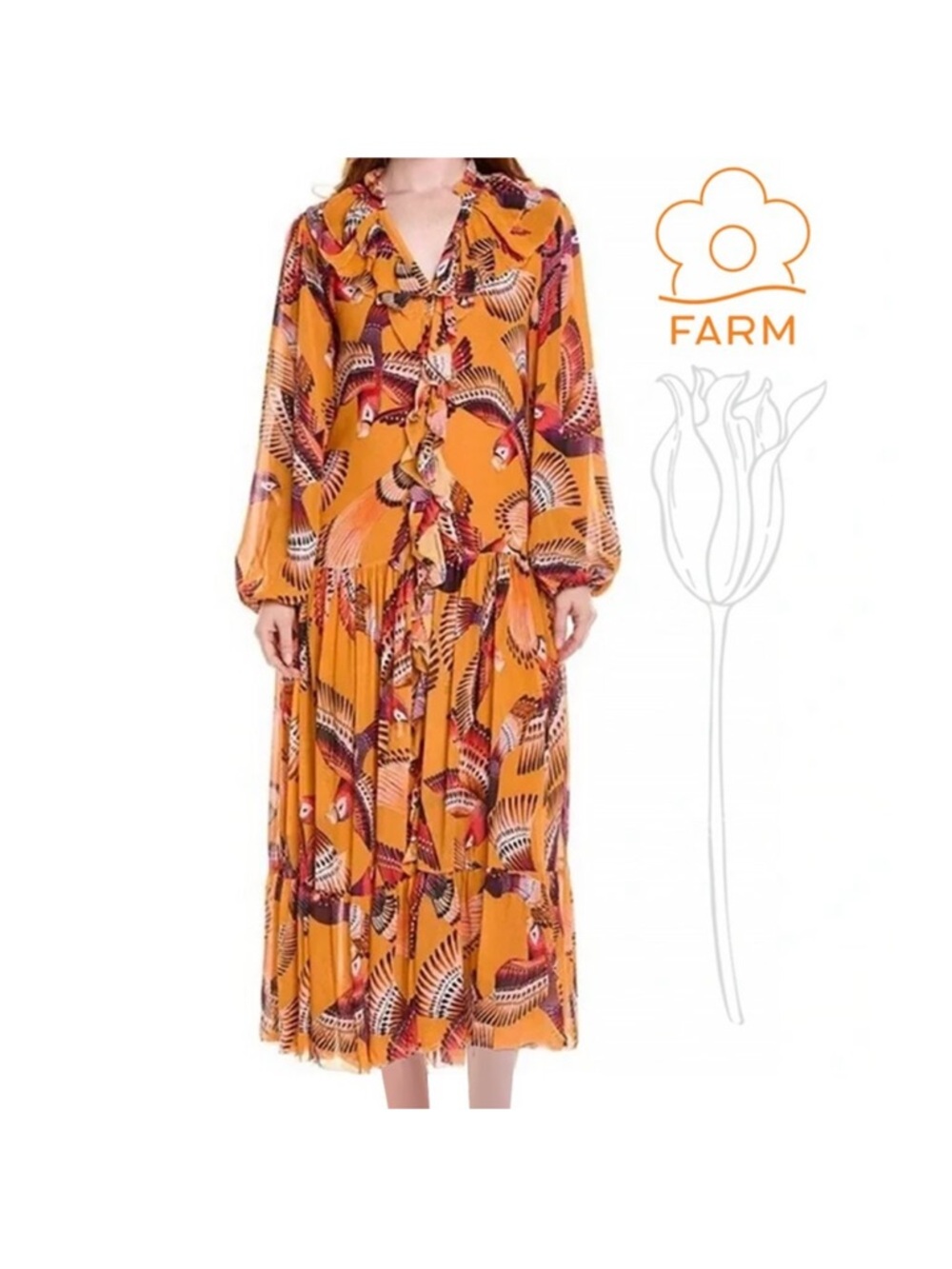 FARM Rio Orange Maxi Dress with Pink and Purple Parrot Bird Print